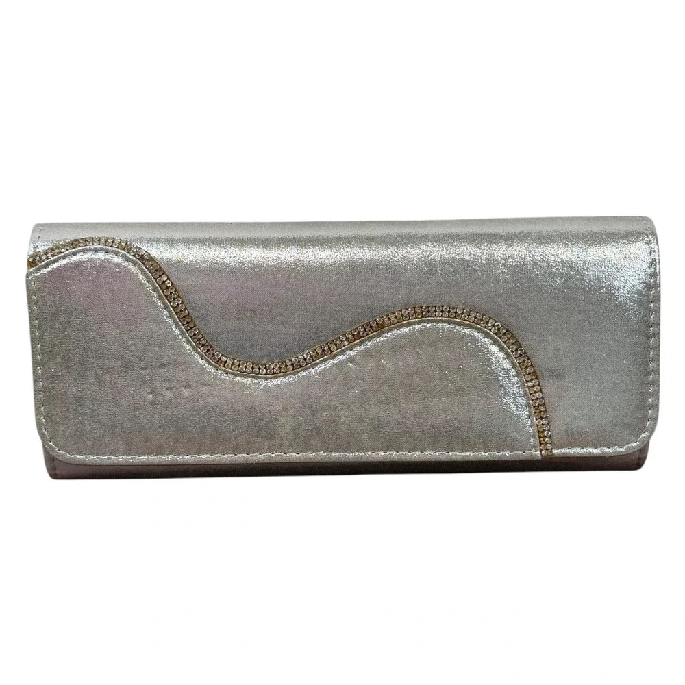 Silver Satin‎ Clutch Purse Womens Small Rhinestone Trim Chain Strap Evening Bag